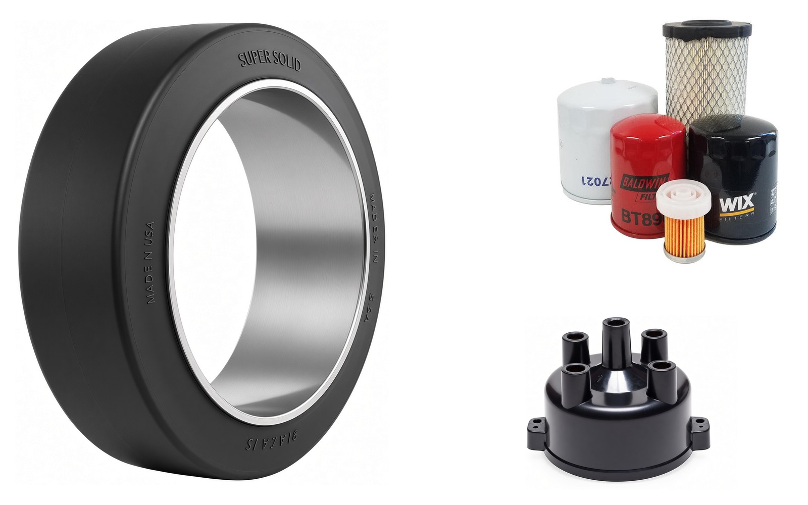Forklift parts: 4-cylinder distributor cap, air and oil filters, and a 16x6x10.5 smooth press-on tire